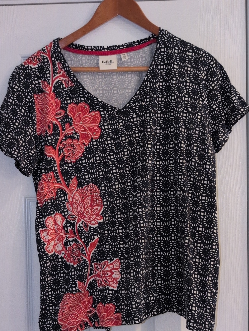 Rafaella Black Tee with Pink Floral Side Stripe